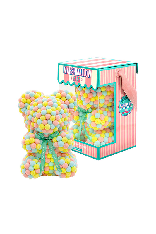 Various color of light colors. Bear shape ornament covered in tiny foam balls with product packaging in the back