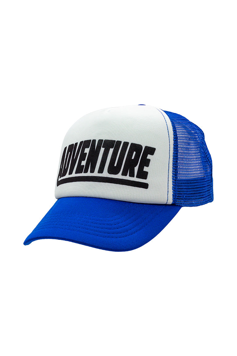 Side view of a foam trucker hat that is white and blue. With a text design with the word "Adventure"