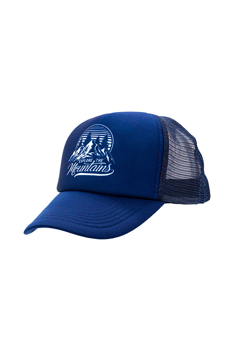 Side view of a foam trucker hat that is all blue. With a design of a mountain scene with the text underneath "Explore the Mountains"