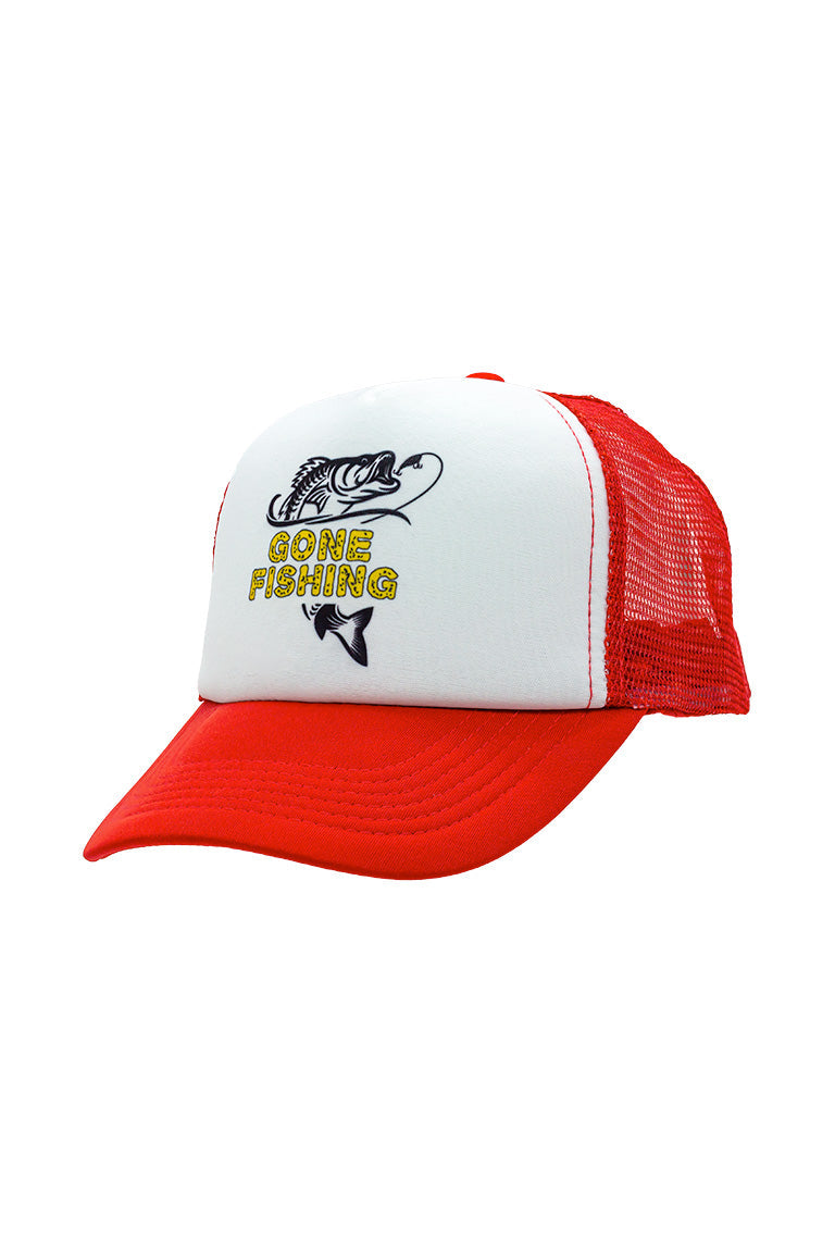 Side view of a foam trucker hat that is white and red. With a design of a bass fish with the text "Gone Fishing"