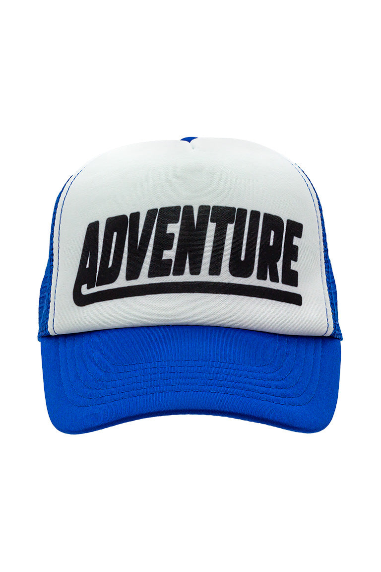 Front view of a foam trucker hat that is white and blue. With a text design with the word "Adventure"