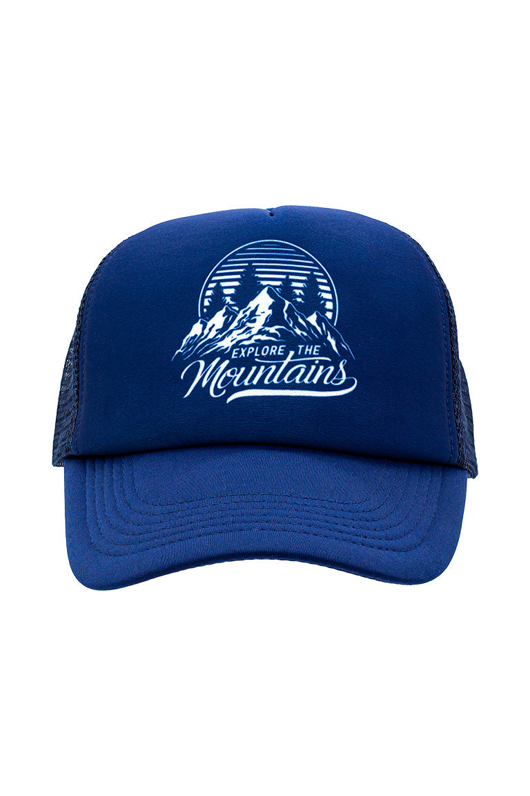 Front view of a foam trucker hat that is all blue. With a design of a mountain scene with the text underneath "Explore the Mountains"
