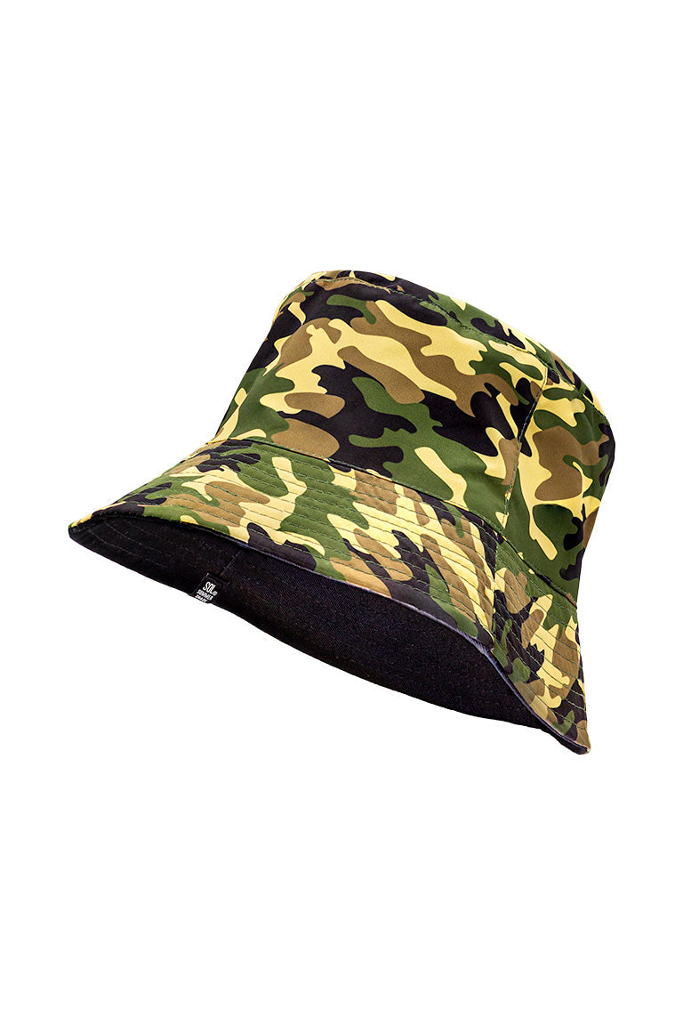 Side view of a reversible floppy bucket hat. With a green camo design and an all black color inside.