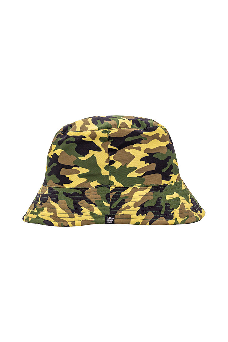 A flat view of the green camo design for a floppy bucket hat
