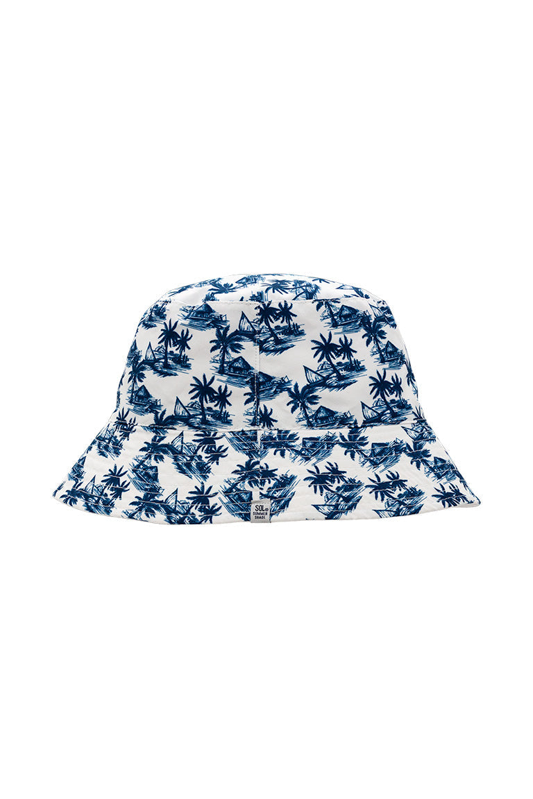 A flat view of the tropical palm tree design for a floppy bucket hat