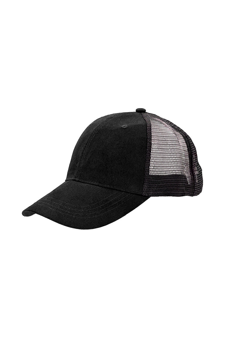 A baseball cap with a black color in the front and a black breathable mesh in the back