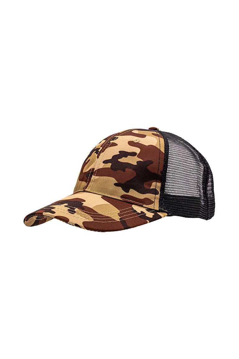 A baseball cap with a brown camo design pattern in the front and a black breathable mesh in the back