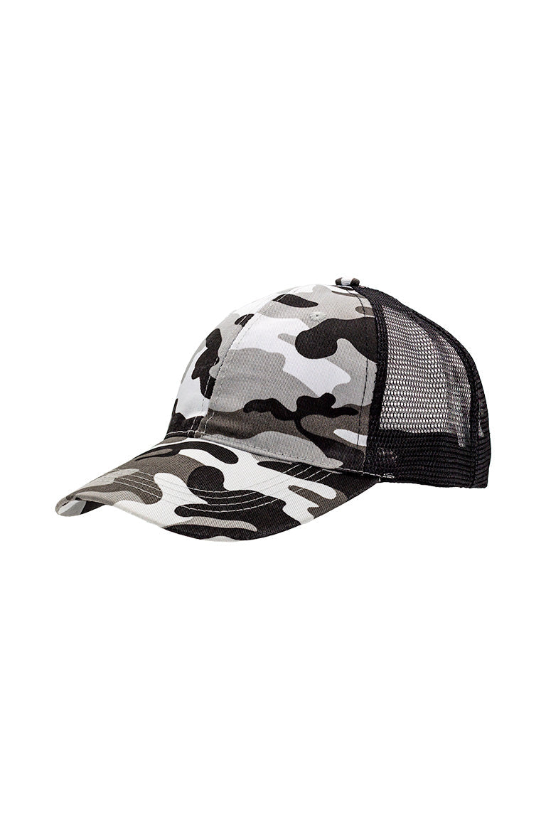 A baseball cap with a gray camo design pattern in the front and a black breathable mesh in the back