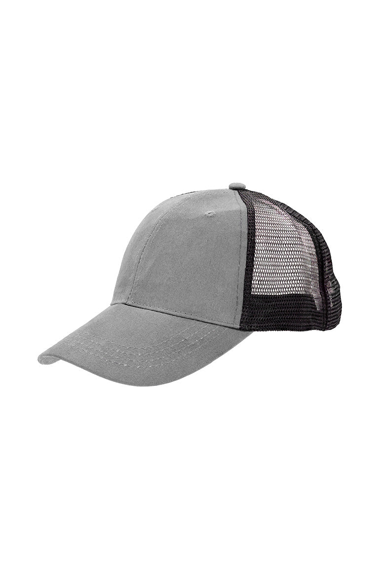 A baseball cap with a gray color in the front and a black breathable mesh in the back