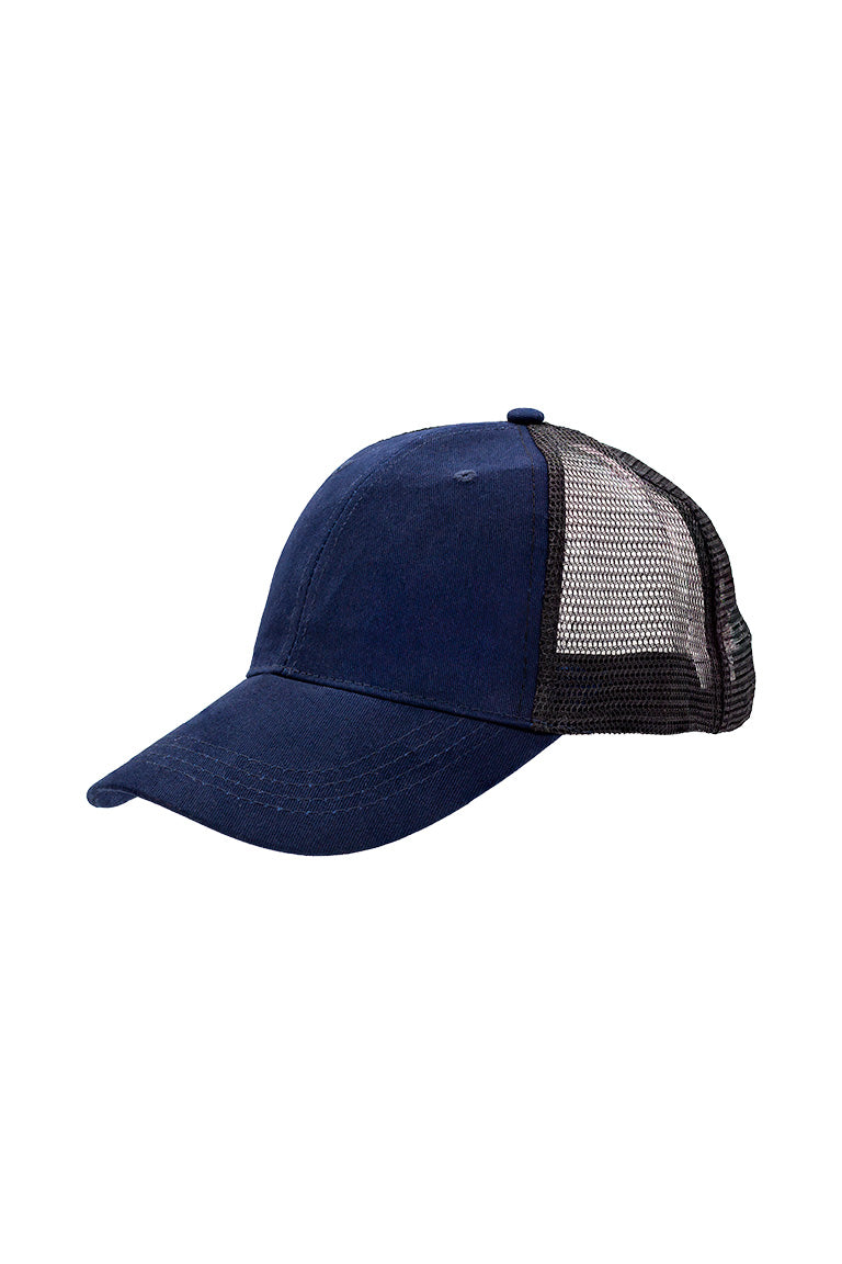 A baseball cap with a navy color in the front and a black breathable mesh in the back