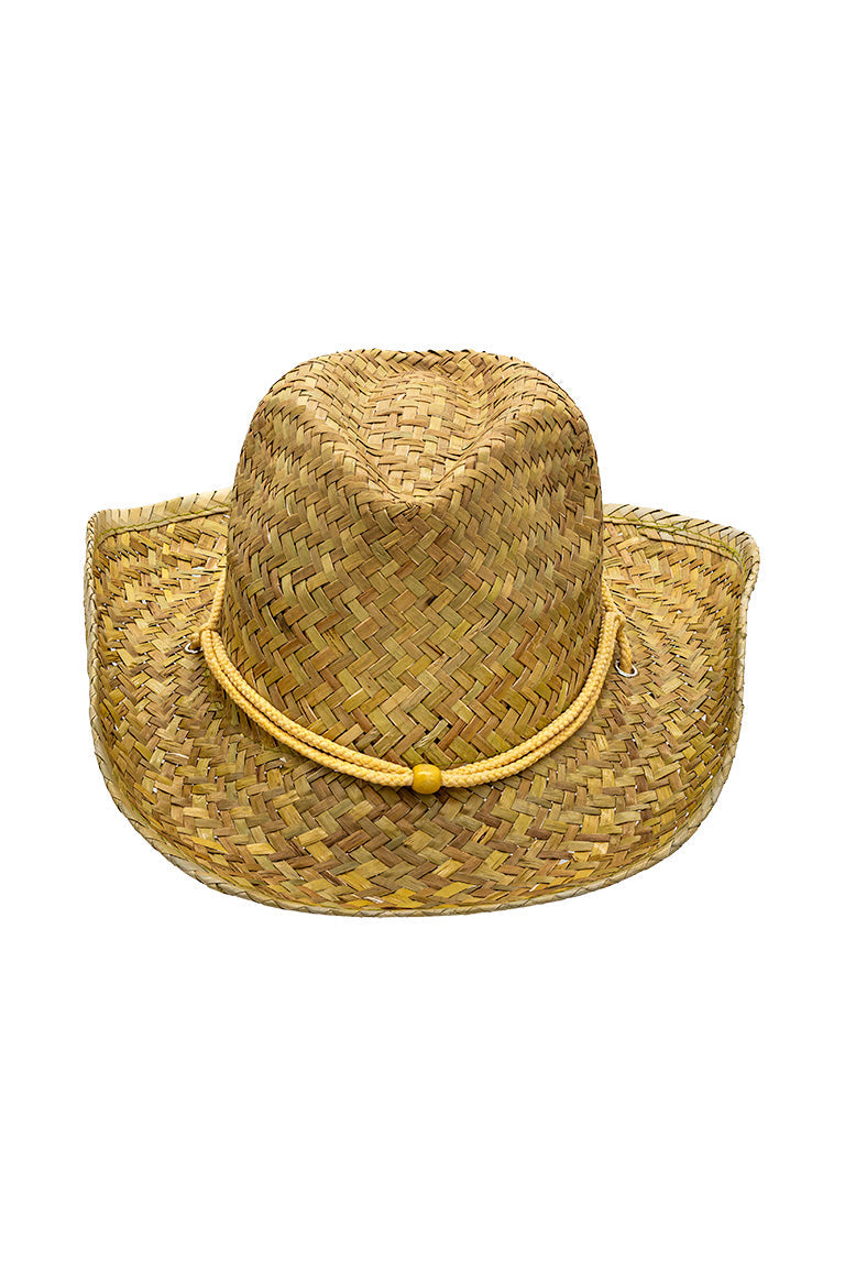 Top view of a straw hat shaped in a cowboy design with and adjustable strap for the chin