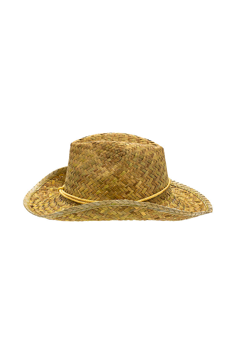 Side view of a straw hat shaped in a cowboy design with and adjustable strap for the chin
