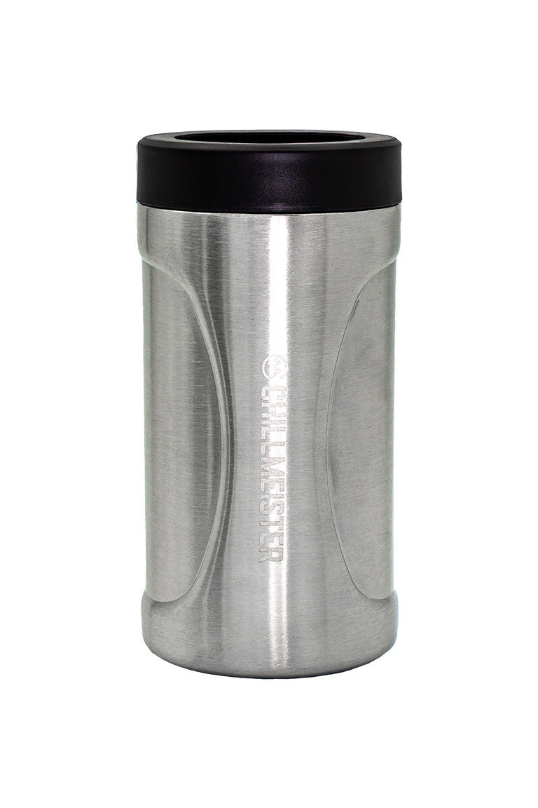 A stainless steel can cooler witha back top cap