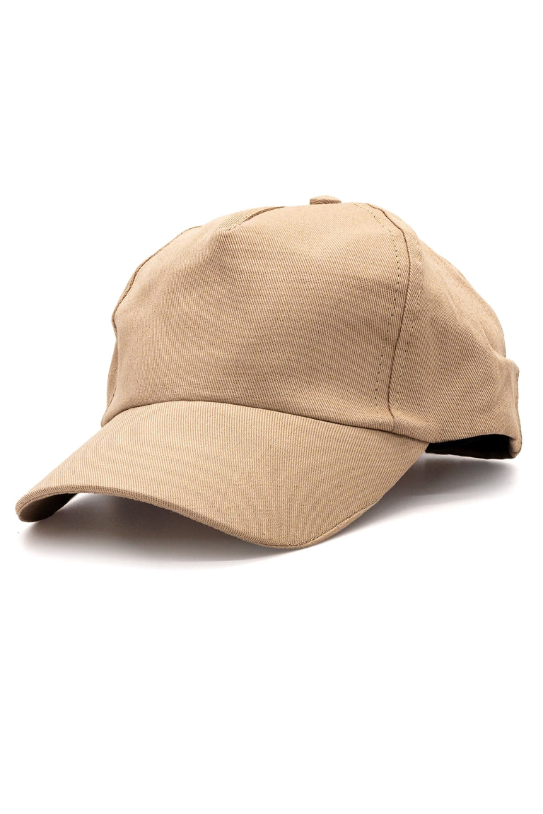 Front view of dark tan color baseball hat
