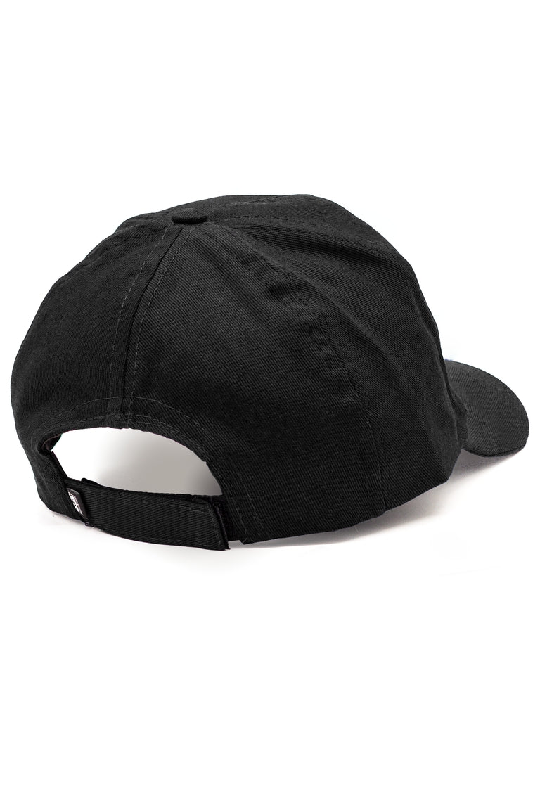 Back view of black color baseball hat with adjustable strap