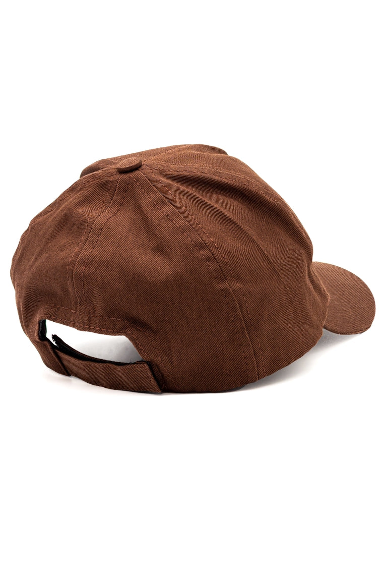 Back view of brown color baseball hat with adjustable strap