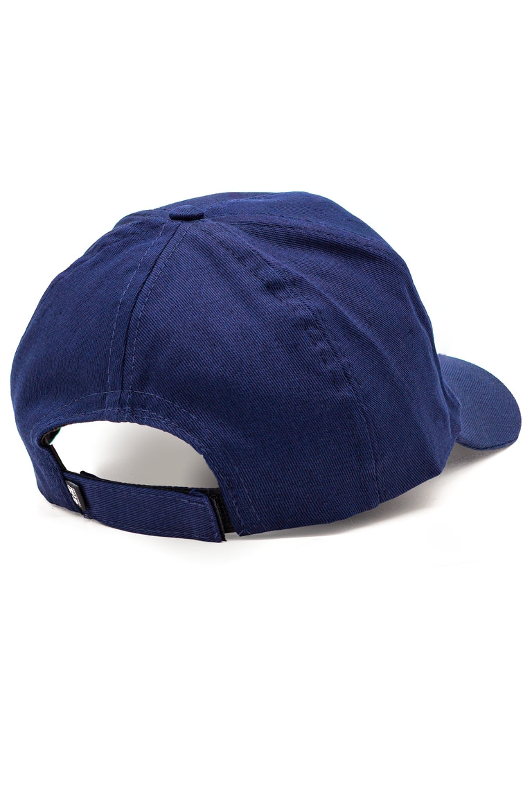 Back view of navy color baseball hat with adjustable strap