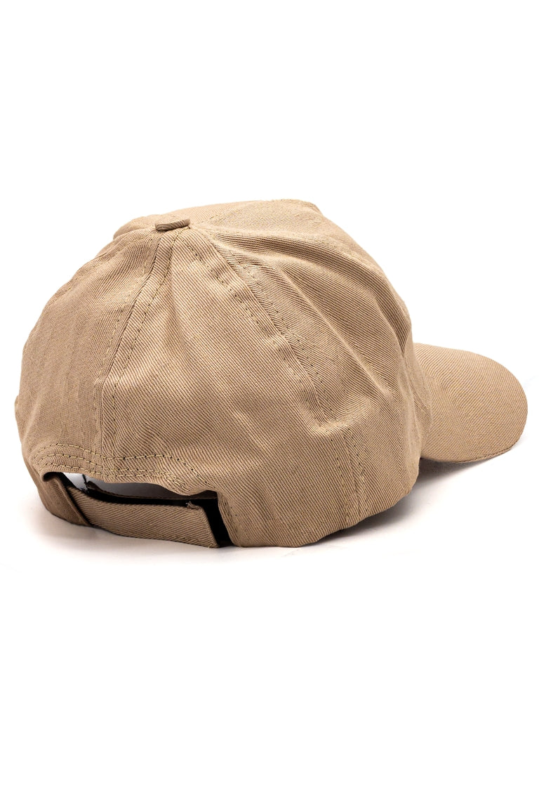Back view of dark tan color baseball hat with adjustable strap