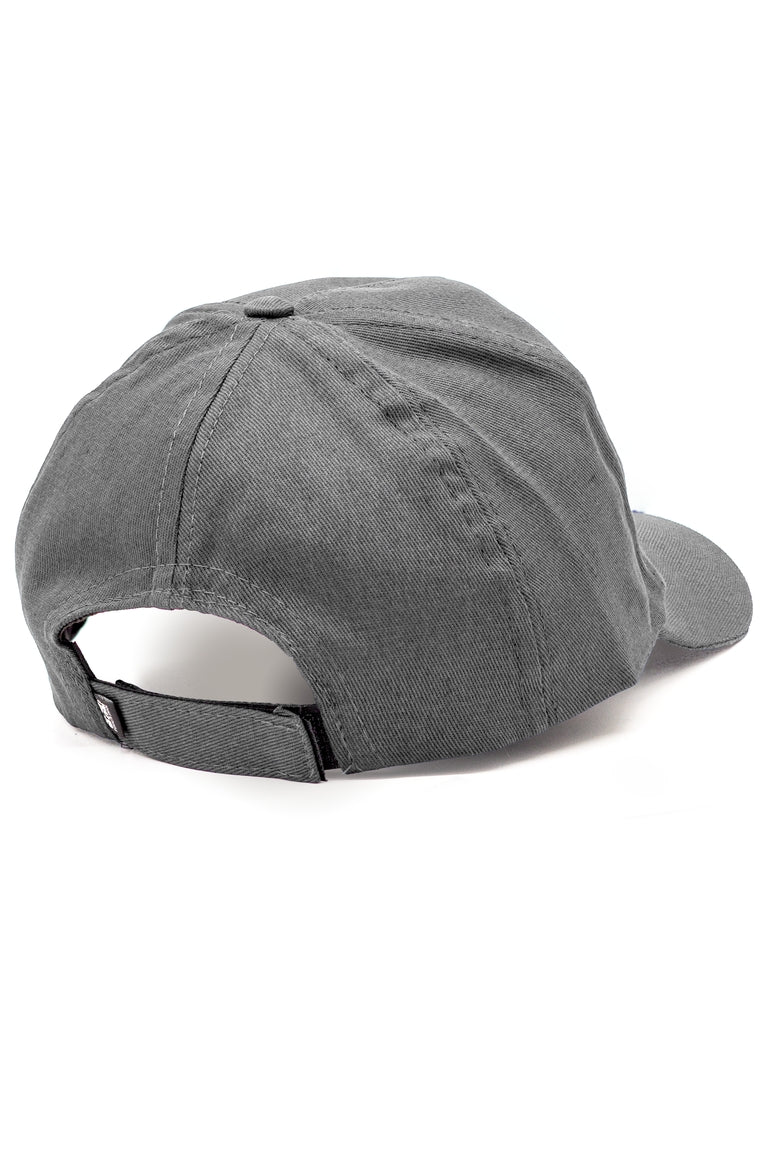 Back view of dark gray color baseball hat with adjustable strap