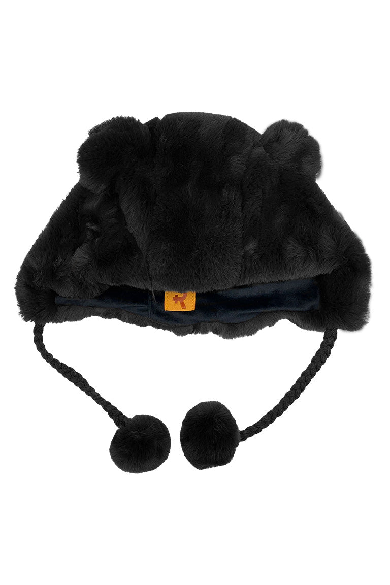 A black fashion hat with the imitated design of a bear
