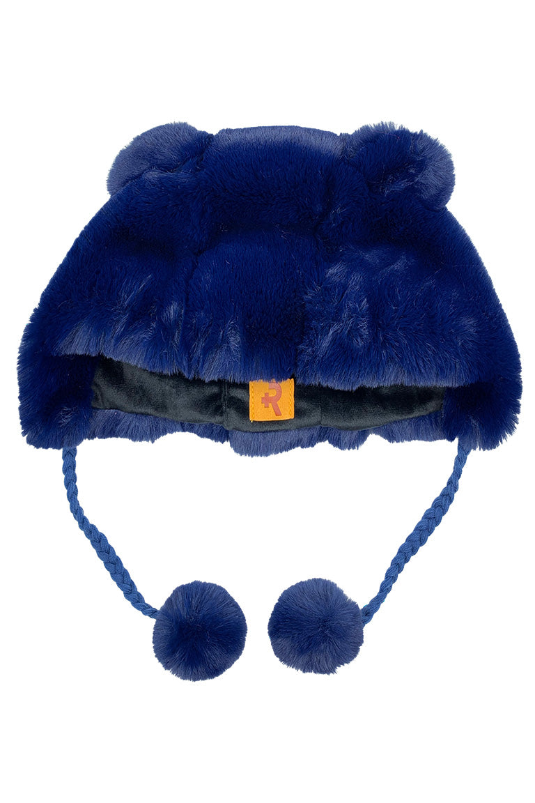 A blue fashion hat with the imitated design of a bear