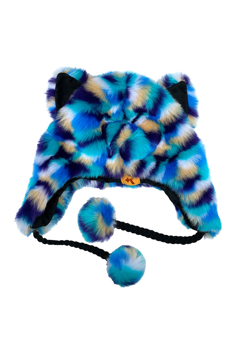 A blue fashion hat with the imitated design of a crazy fur style