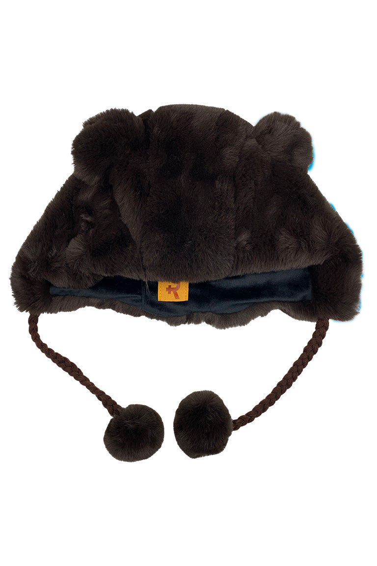 A brown fashion hat with the imitated design of a bear