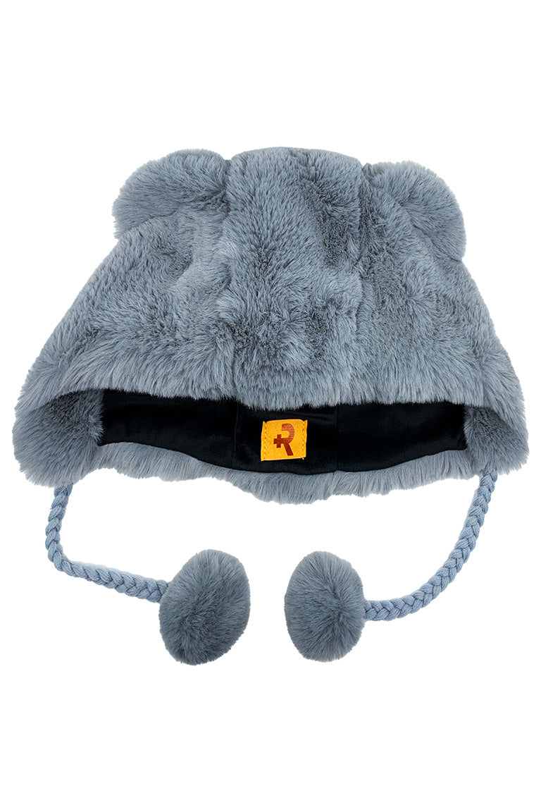A gray fashion hat with the imitated design of a bear