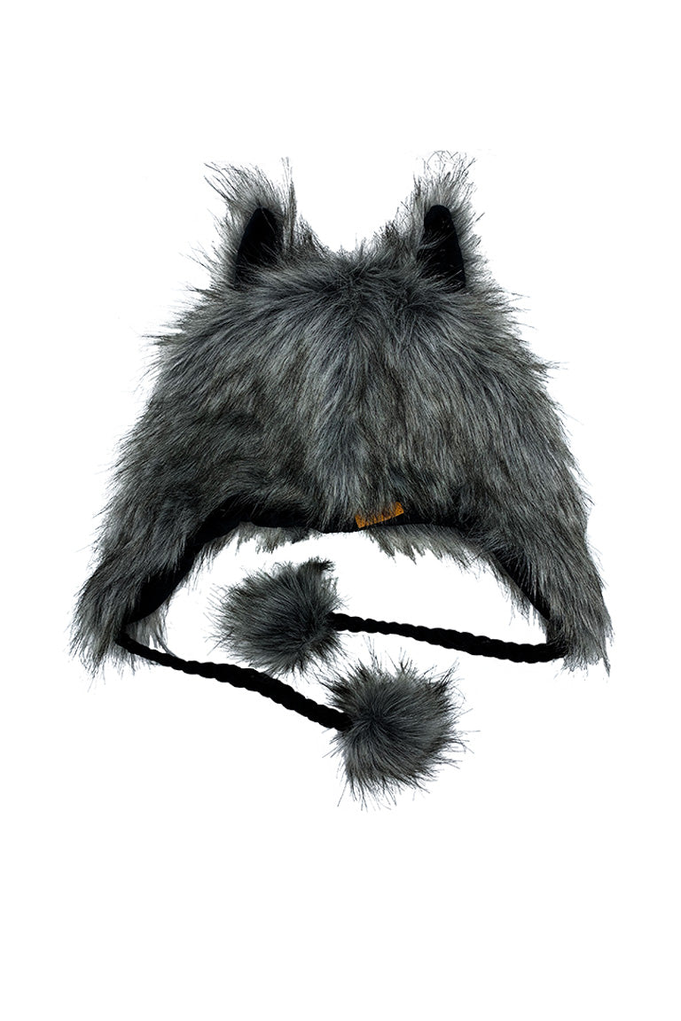 A gray fashion hat with the imitated design of a wolf