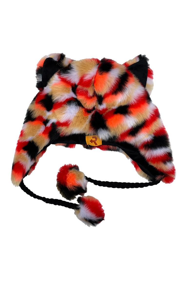 A orange fashion hat with the imitated design of a crazy fur style