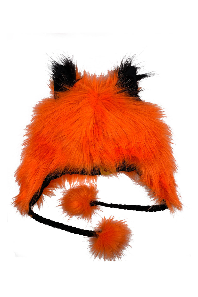 A orange fashion hat with the imitated design of a wolf