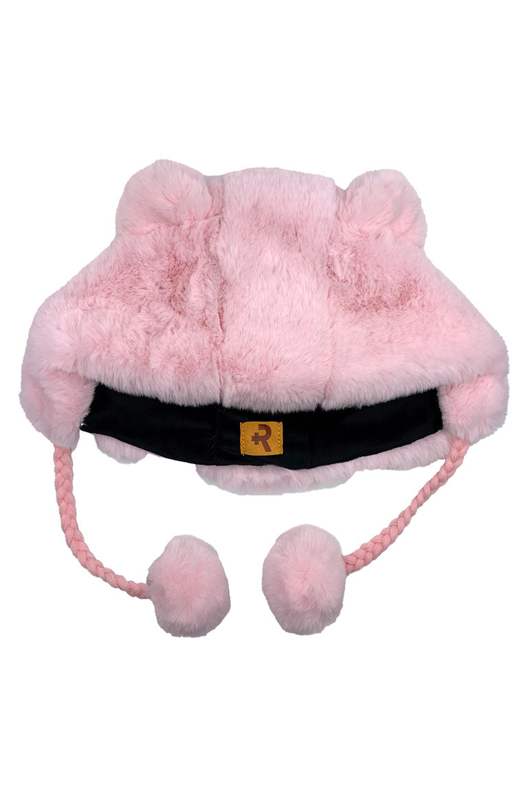 A pink fashion hat with the imitated design of a bear