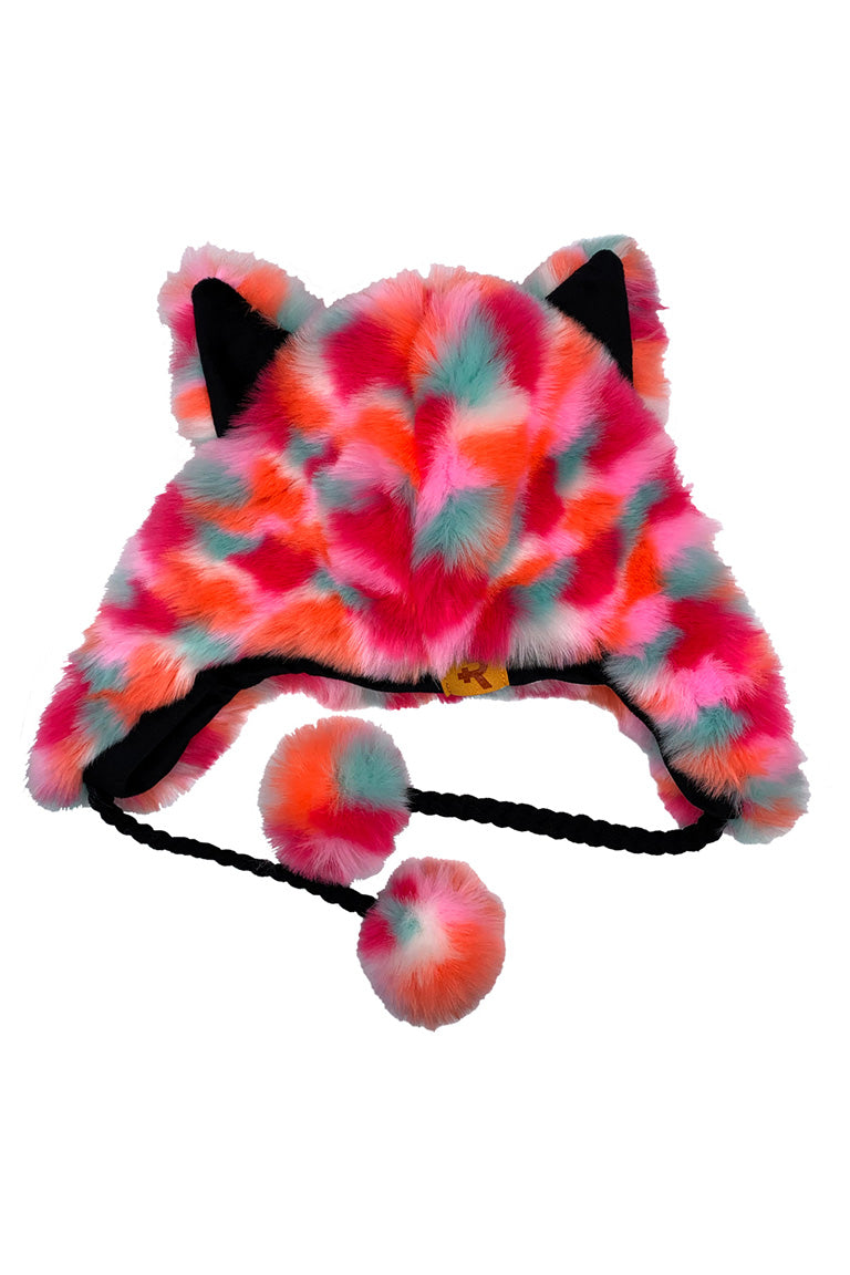 A pink fashion hat with the imitated design of a crazy fur style