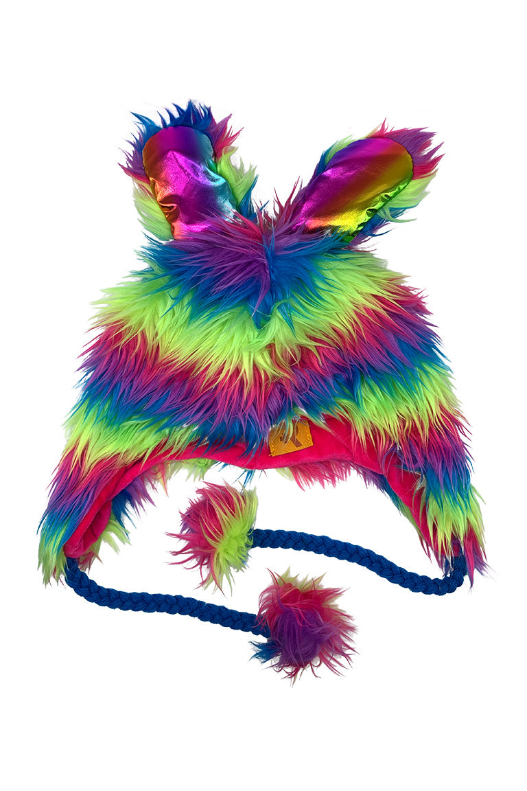 A rainbow fashion hat with the imitated design of a bunny