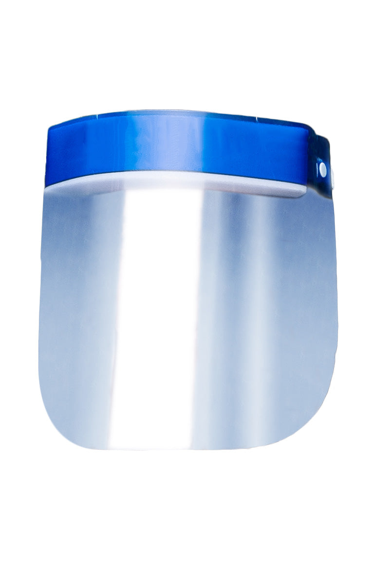 A kid face shield with a blue stripe on top of the product