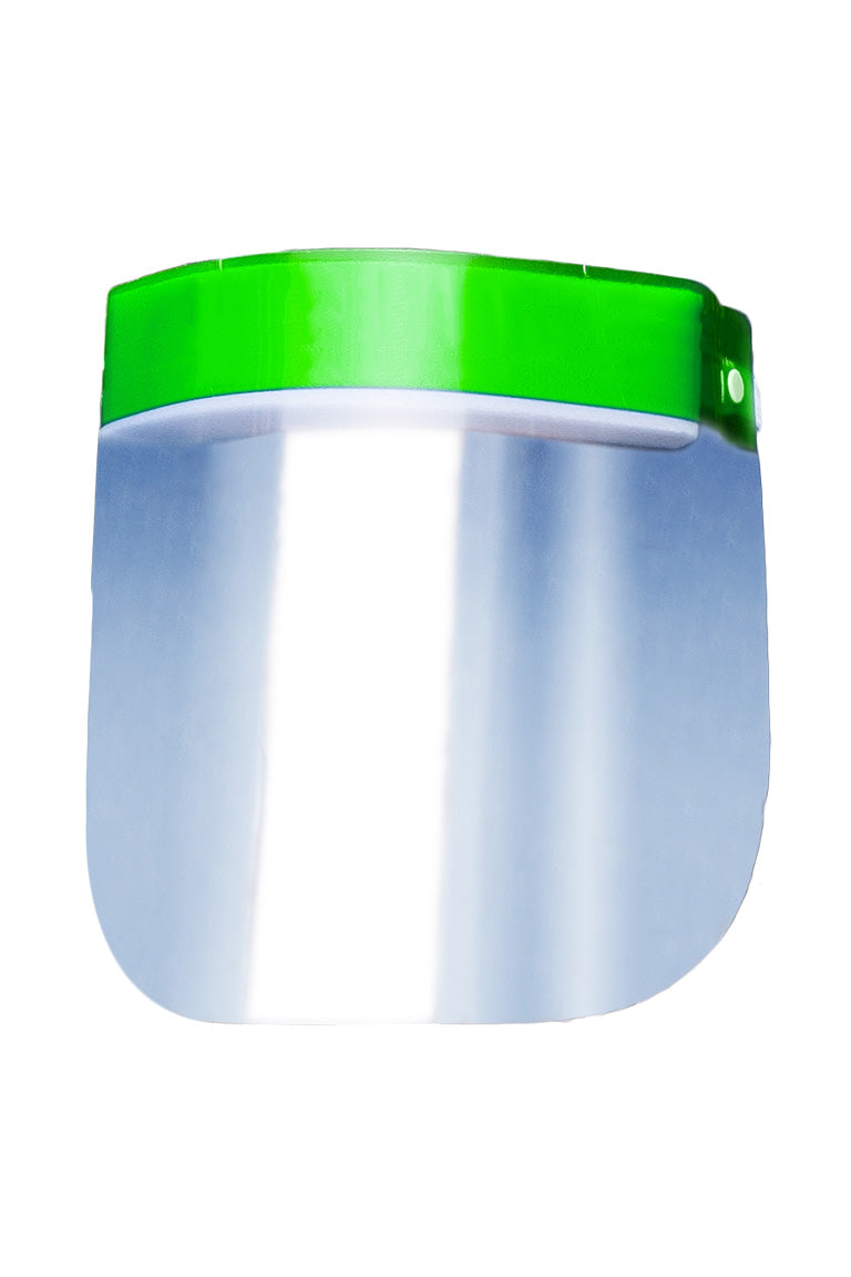 A kid face shield with a green stripe on top of the product