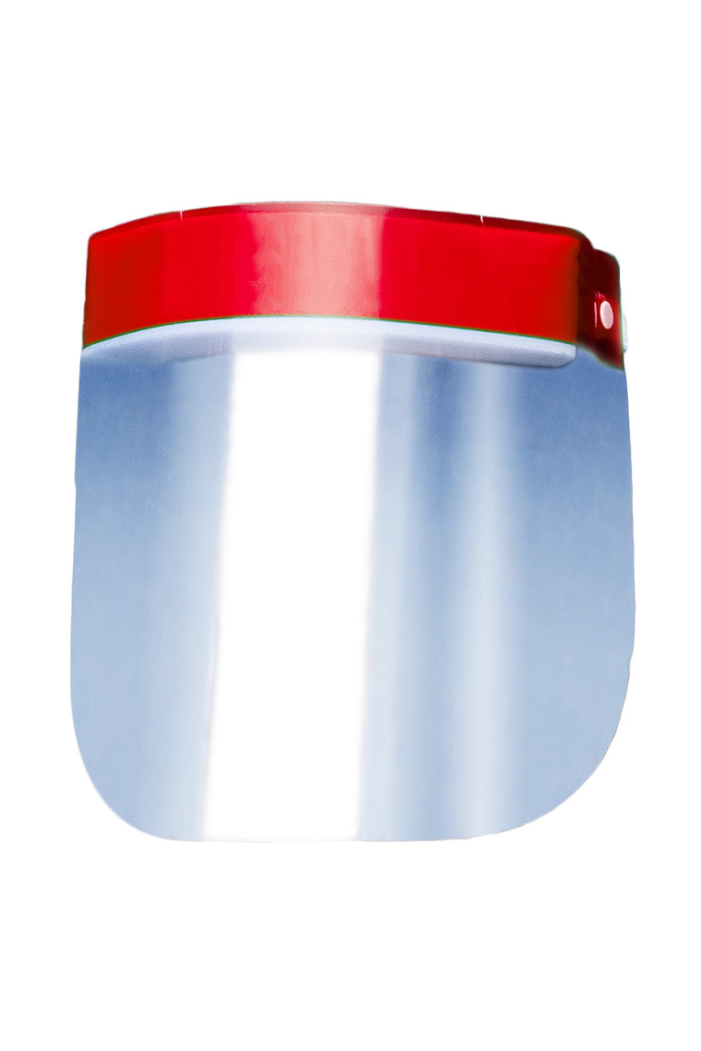 A kid face shield with a red stripe on top of the product
