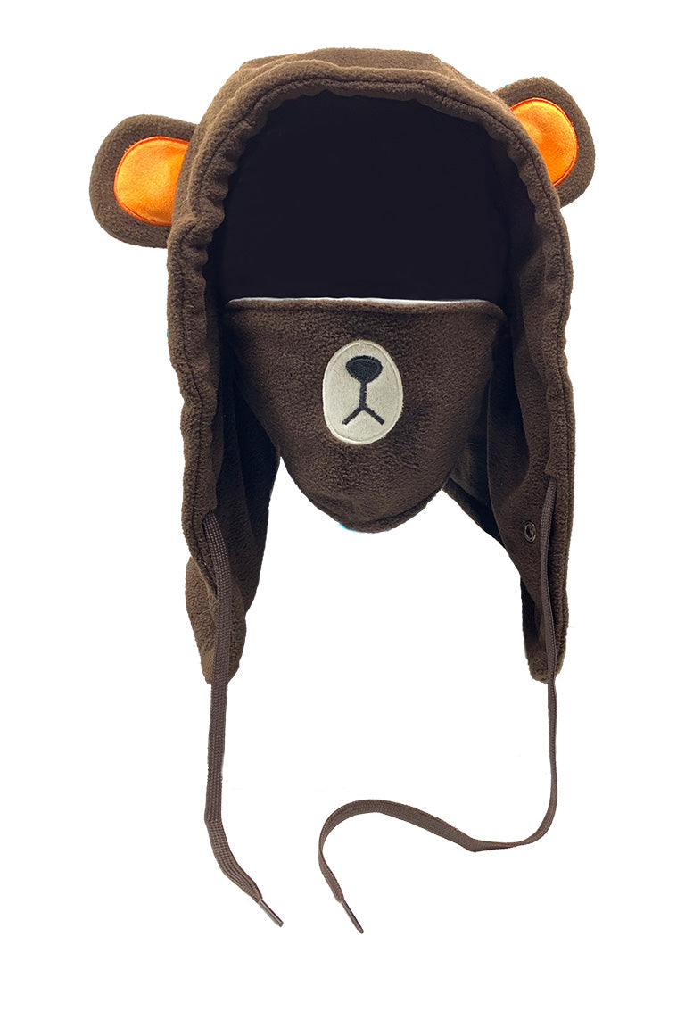 A fleece hood with a face mask for kids with a design of a brown bear