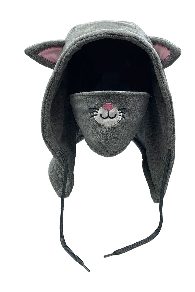 A fleece hood with a face mask for kids with a design of a gray cat
