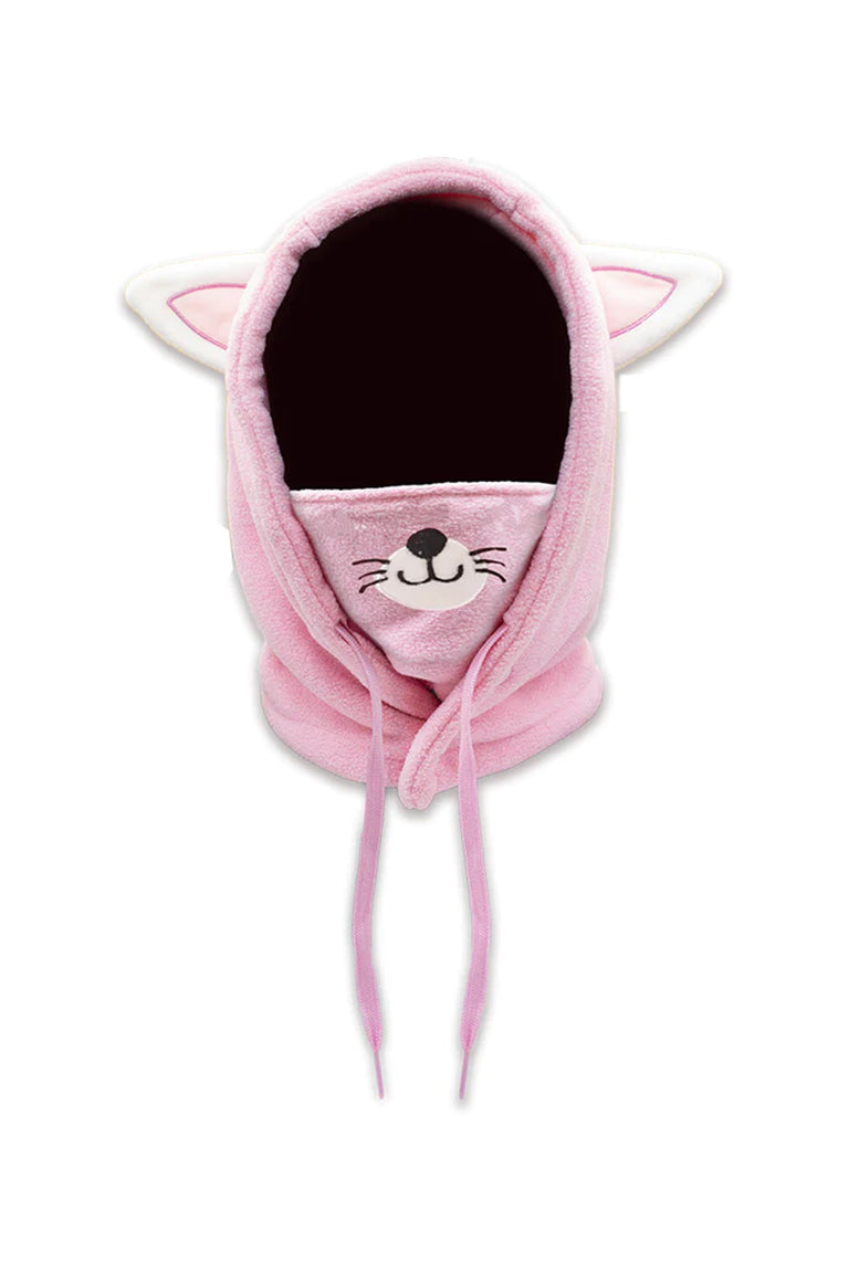 A fleece hood with a face mask for kids with a design of a pink cat