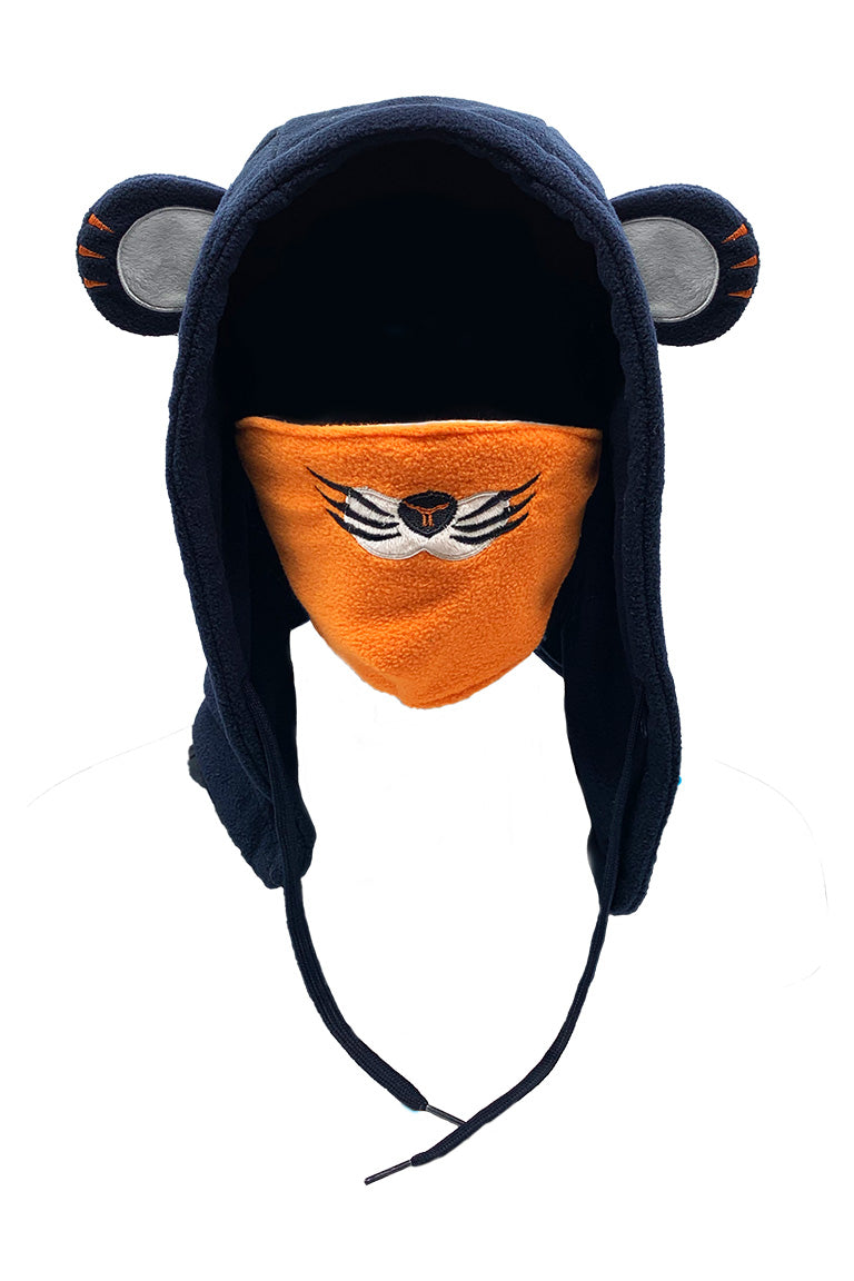 A fleece hood with a face mask for kids with a design of a tiger