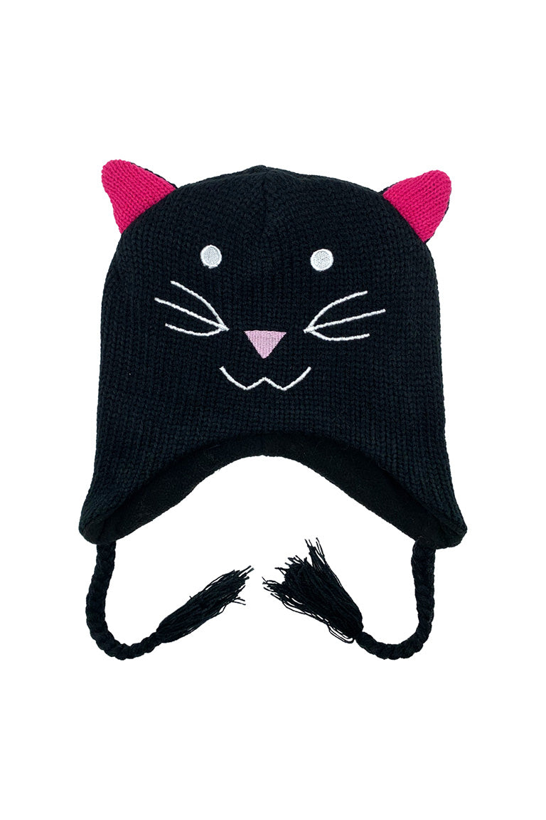 A kids size knitted hat with a design of a cat