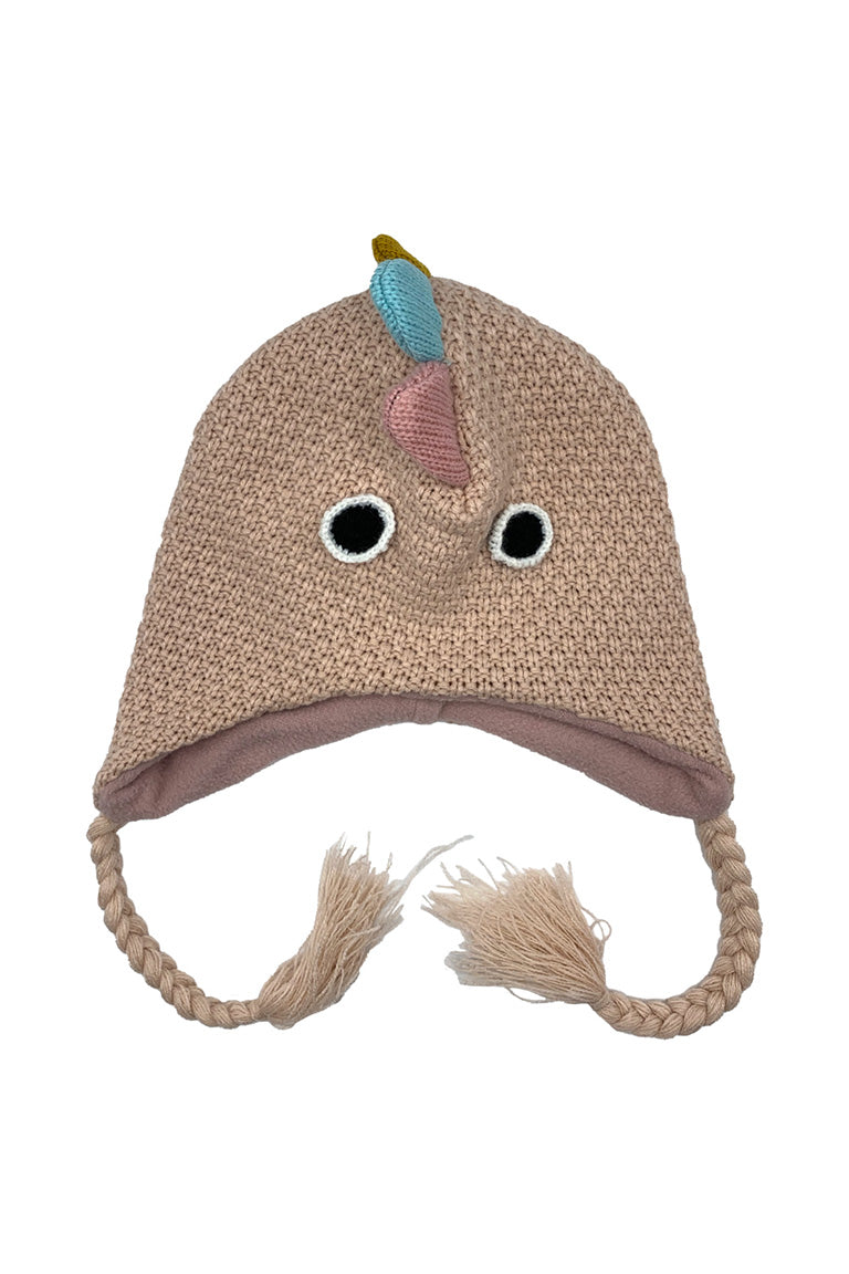 A kids size knitted hat with a design of a pink dinosaur