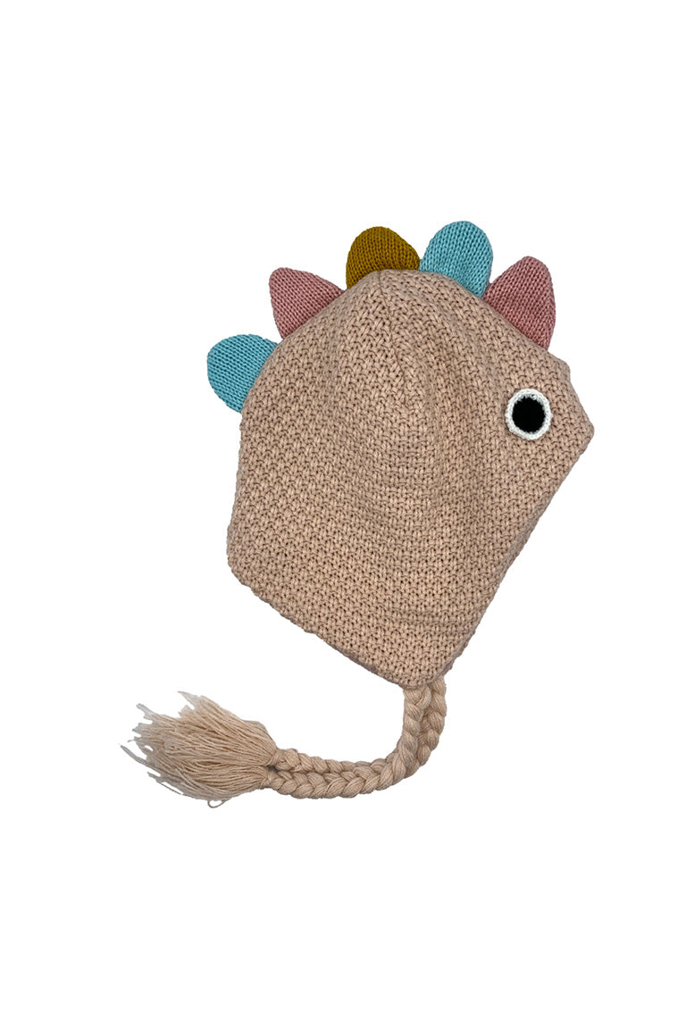 A kids size knitted hat with a design of a pink dinosaur from the side view