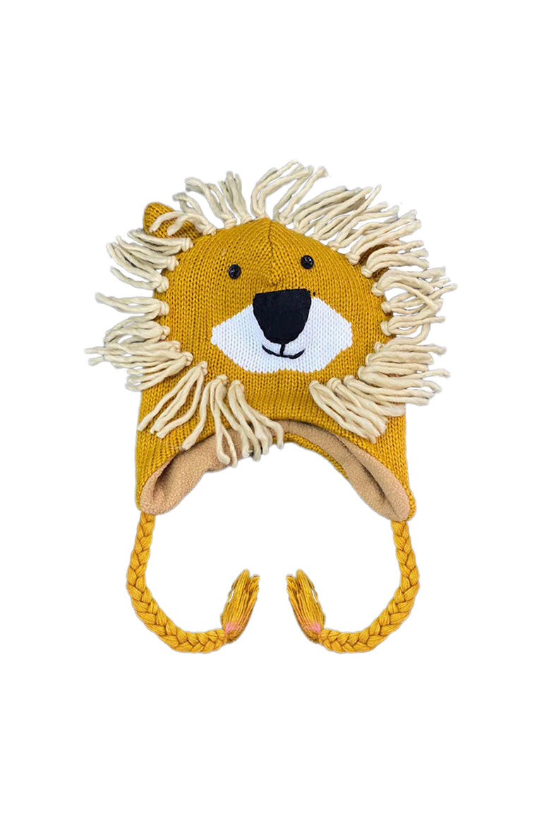 A kids size knitted hat with a design of a lion