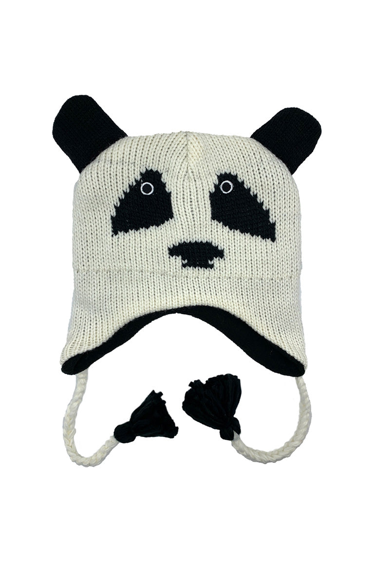 A kids size knitted hat with a design of a panda
