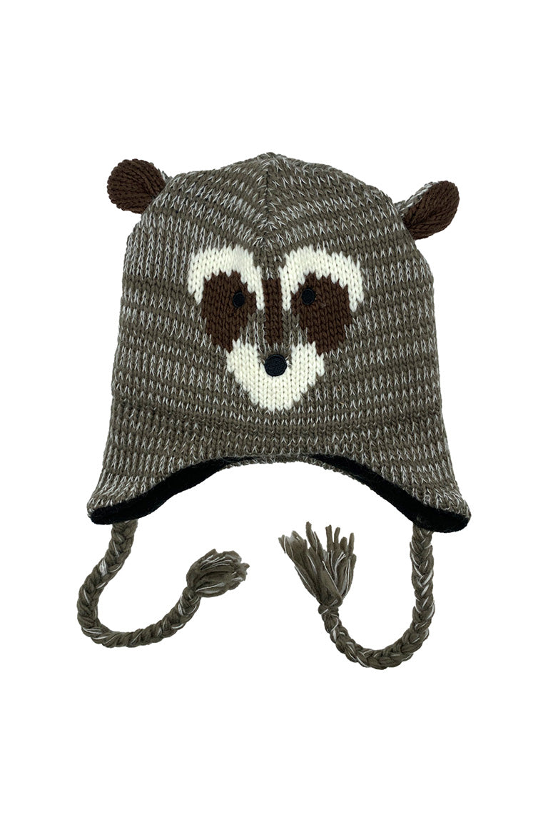 A kids size knitted hat with a design of a raccoon