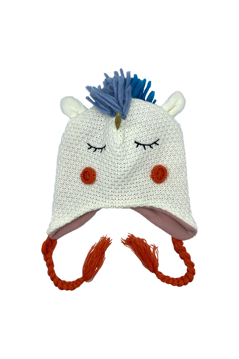 A kids size knitted hat with a design of a unicorn