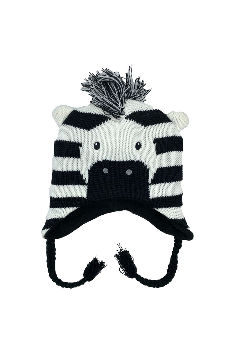A kids size knitted hat with a design of a zebra