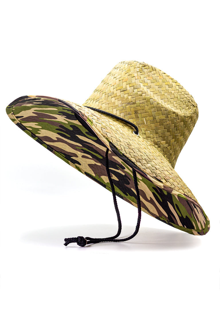 Side view of a straw hat with a green camo design pattern underneath the shaded visor with ablack chin strap